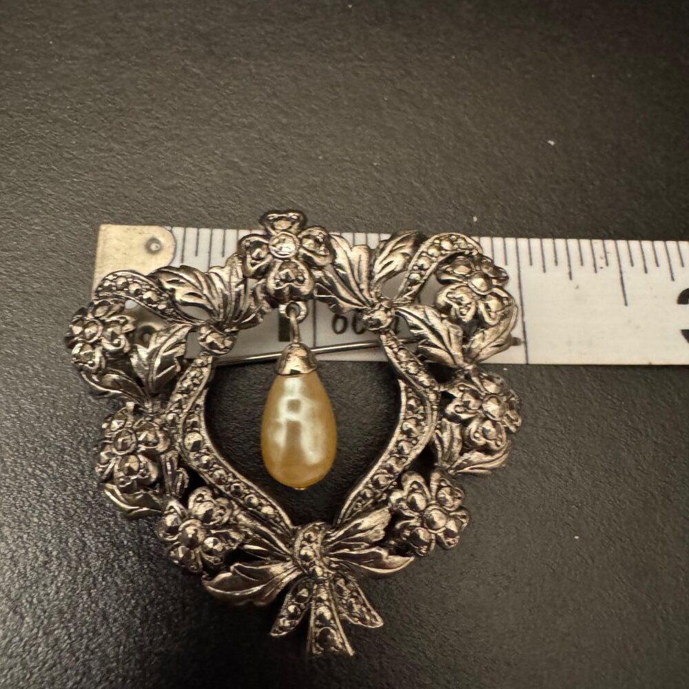 Antique-Style Silver Floral Brooch With Dangling Faux Pearl Accent - Picture 8 of 9